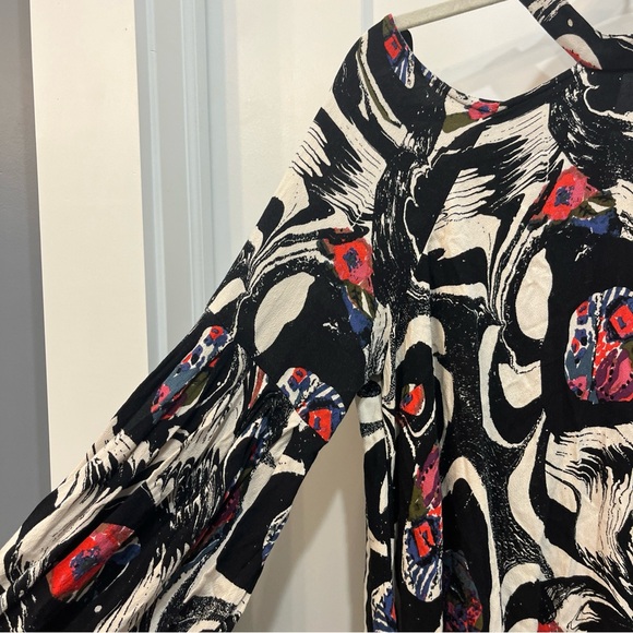 Free People Black Print Drift Away Tunic Mini Dress Sz Small Cold Shoulder Flowy - Picture 4 of 13